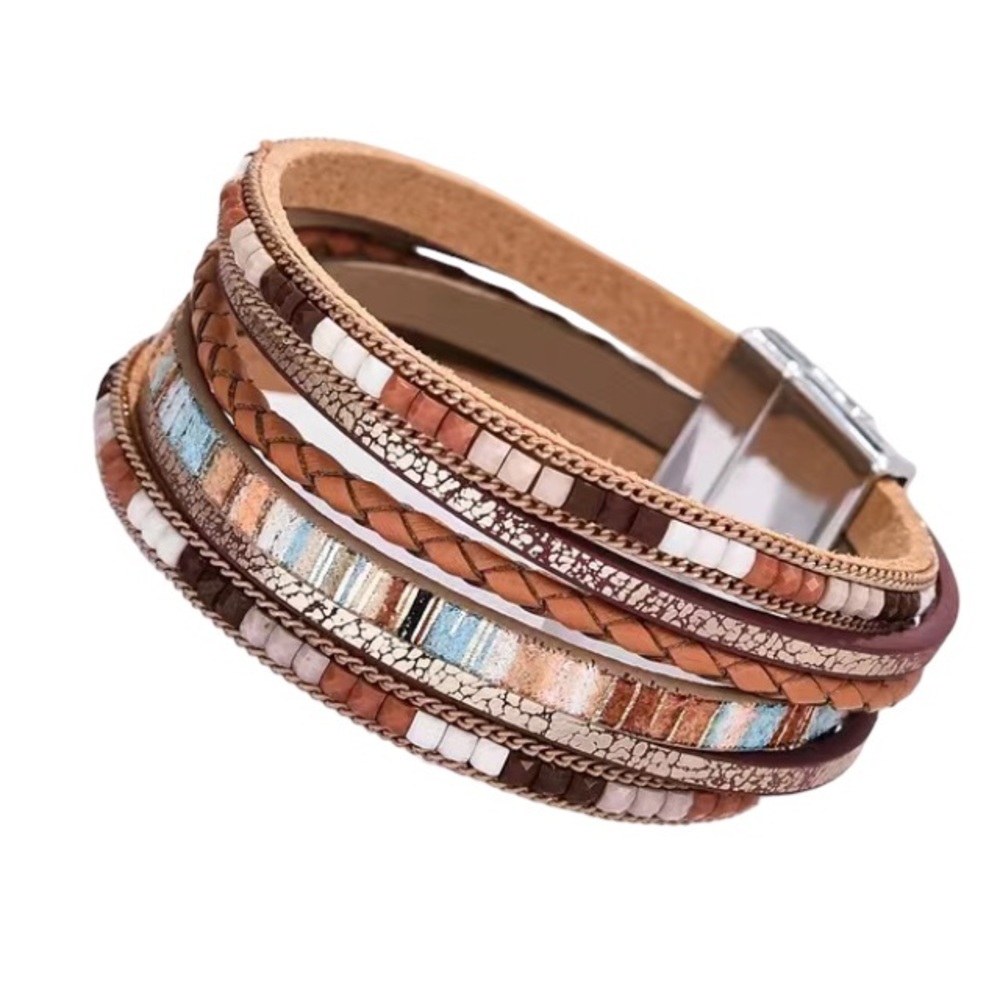 Brown Leather Multi Layer Shimmer Magnetic Bracelet - Picture 2 of 3